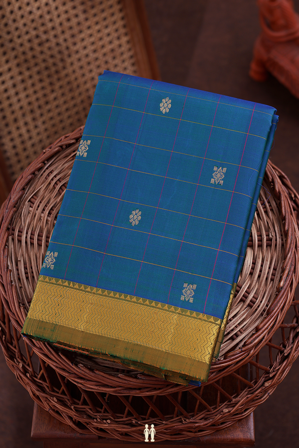 Kanchipuram Silk Saree In Blue With Checks Design