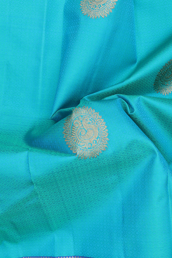 Kanchipuram Silk Saree In Greenish Blue With Jacquard Pattern