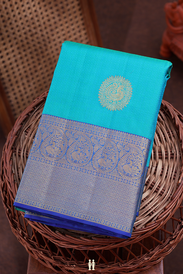 Kanchipuram Silk Saree In Greenish Blue With Jacquard Pattern