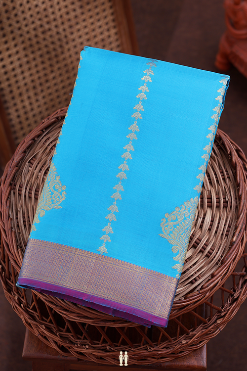 Kanchipuram Silk Saree In Deep Sky Blue With Stripes Design