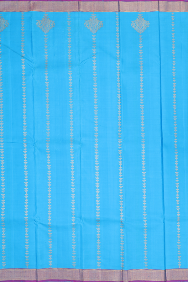 Kanchipuram Silk Saree In Deep Sky Blue With Stripes Design