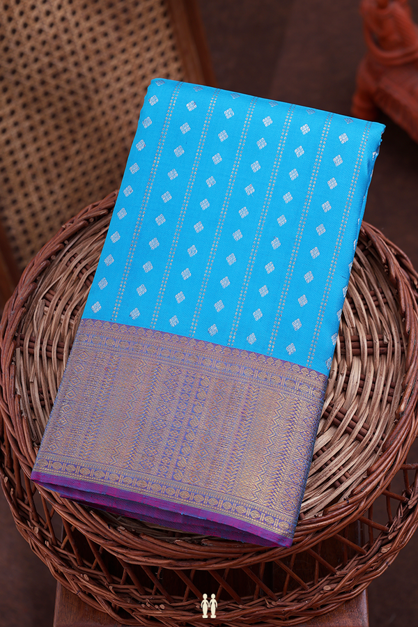 Kanchipuram Silk Saree In Deep Sky Blue With Stripes Design