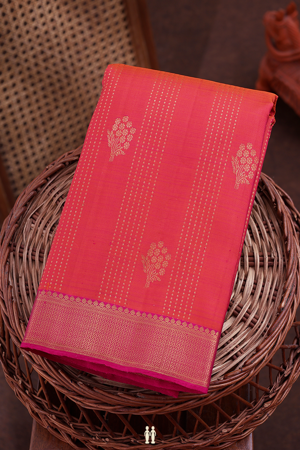 Kanchipuram Silk Saree Coral Pink With Stripes Along Motifs