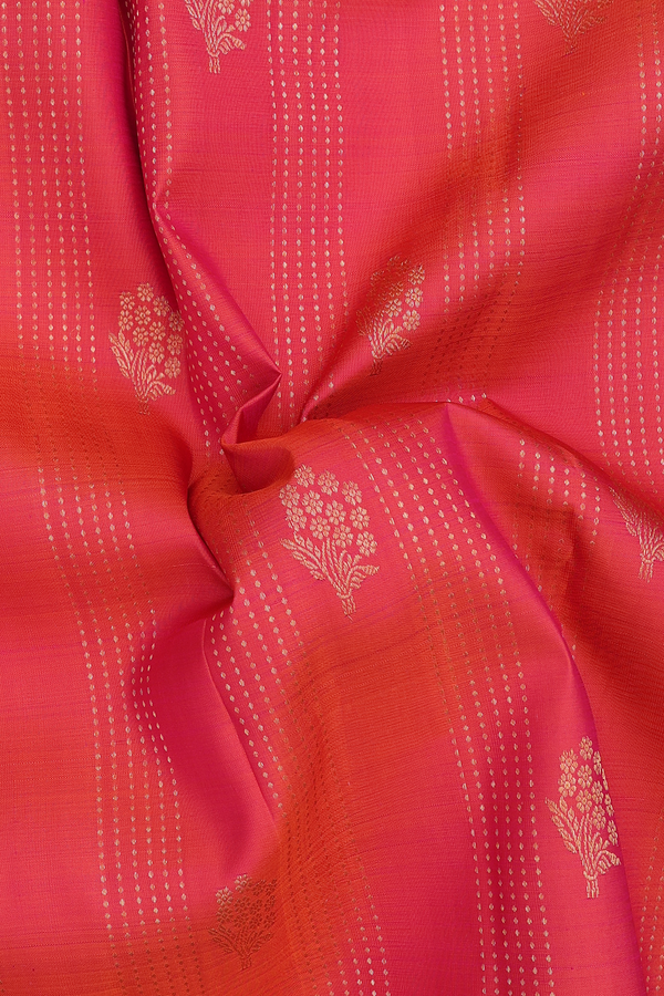 Kanchipuram Silk Saree Coral Pink With Stripes Along Motifs