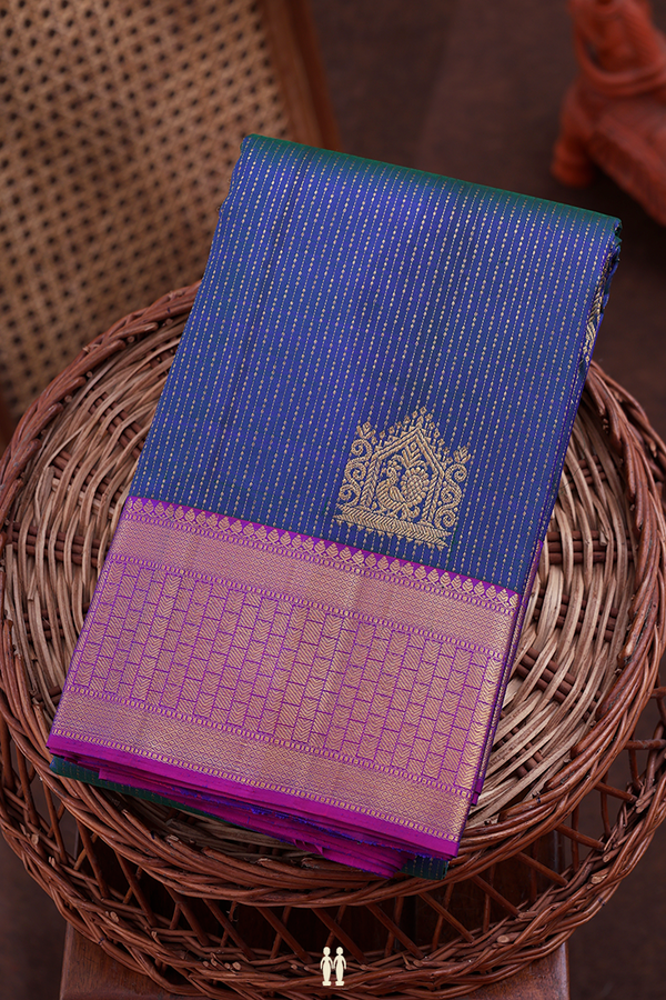 Kanchipuram Silk Saree In Blue With Stripes Along Motifs