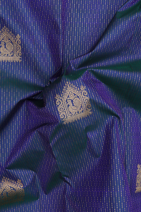 Kanchipuram Silk Saree In Blue With Stripes Along Motifs