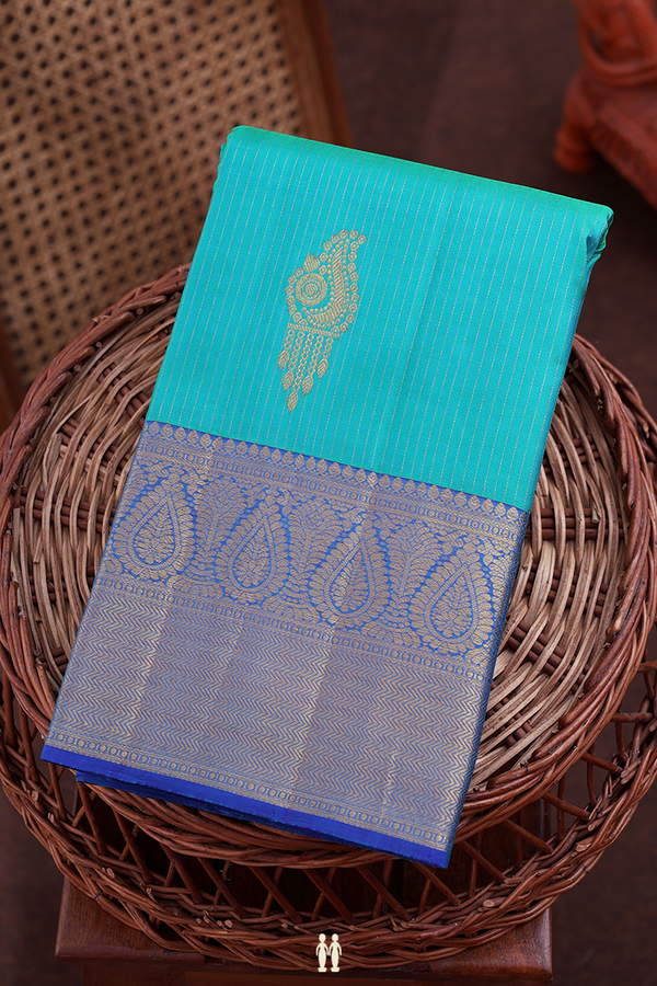 Kanchipuram Silk Saree In Bluish Green Along Stripes With Buttas
