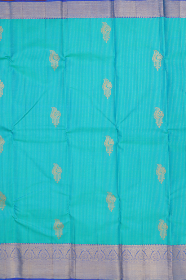 Kanchipuram Silk Saree In Bluish Green Along Stripes With Buttas