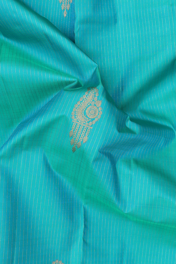 Kanchipuram Silk Saree In Bluish Green Along Stripes With Buttas