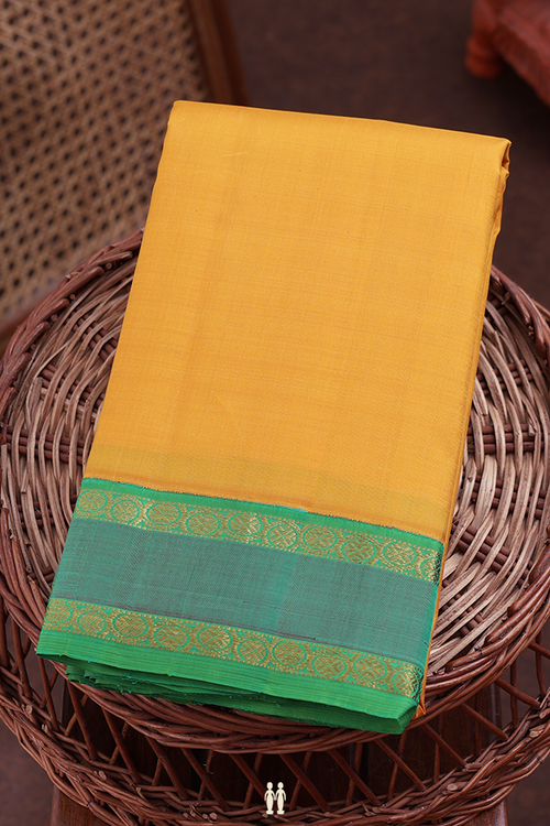 Kanchipuram Silk Saree In Saffron Yellow With Contrast Border