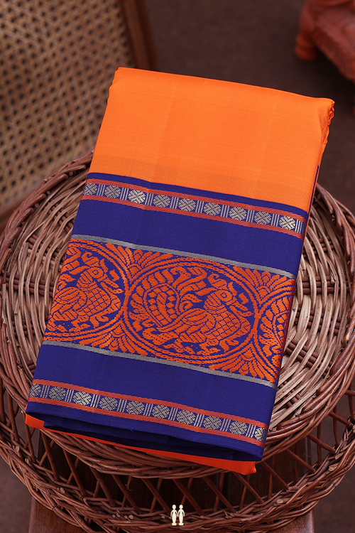 Kanchipuram Silk Saree In Bright Orange With Contrast Border