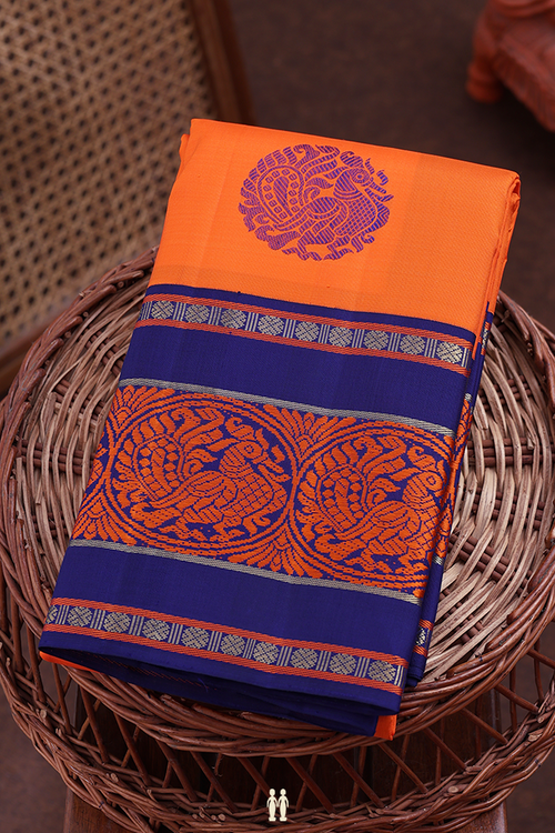 Kanchipuram Silk Saree In Bright Orange With Peacock Motifs