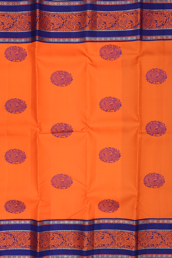 Kanchipuram Silk Saree In Bright Orange With Peacock Motifs