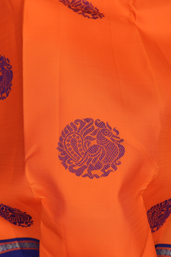 Kanchipuram Silk Saree In Bright Orange With Peacock Motifs