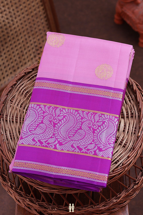 Kanchipuram Silk Saree In Lotus Pink With Peacock Buttas