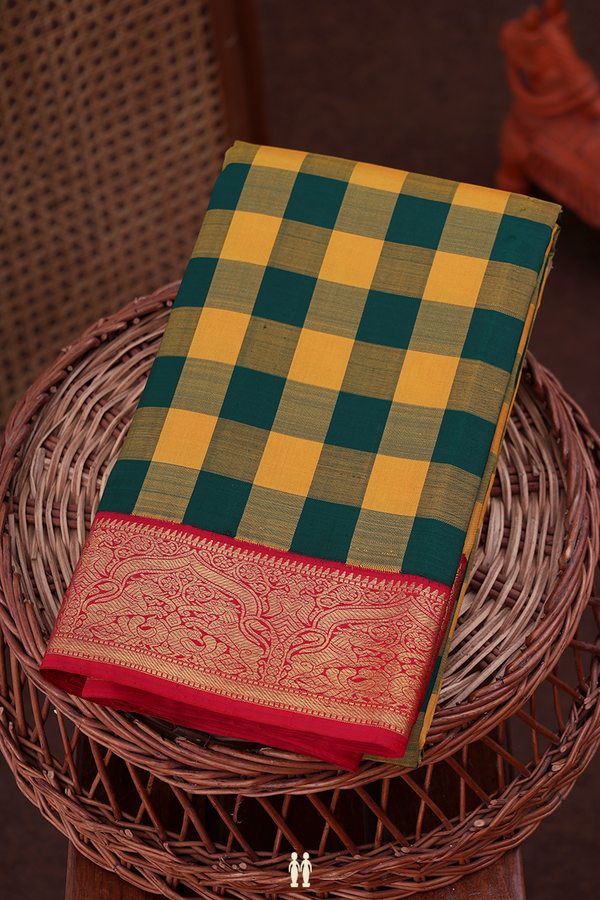 Kanchipuram Silk Saree In Green And Yellow With Checks Design