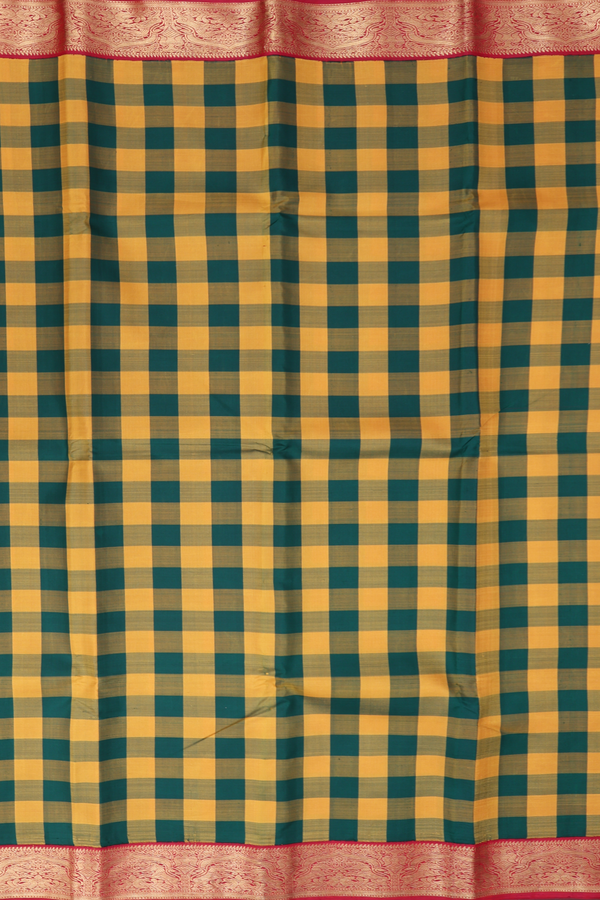 Kanchipuram Silk Saree In Green And Yellow With Checks Design