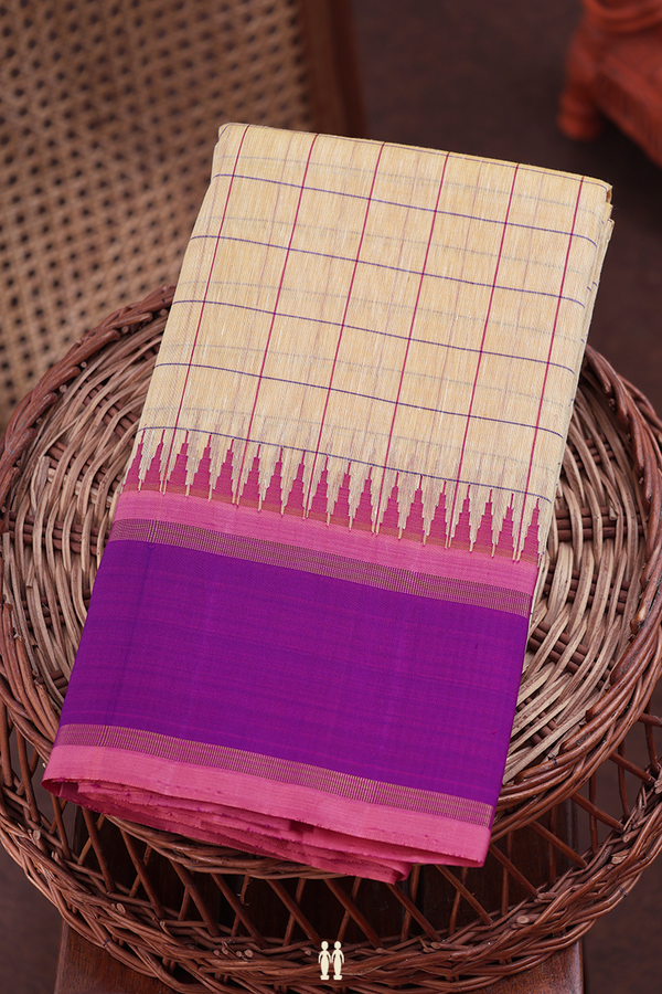 Linen Kanchipuram Silk Saree In Tan Brown With Checks Design
