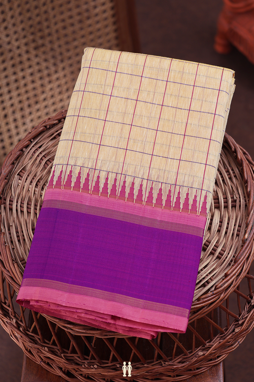 Linen Kanchipuram Silk Saree In Tan Brown With Checks Design
