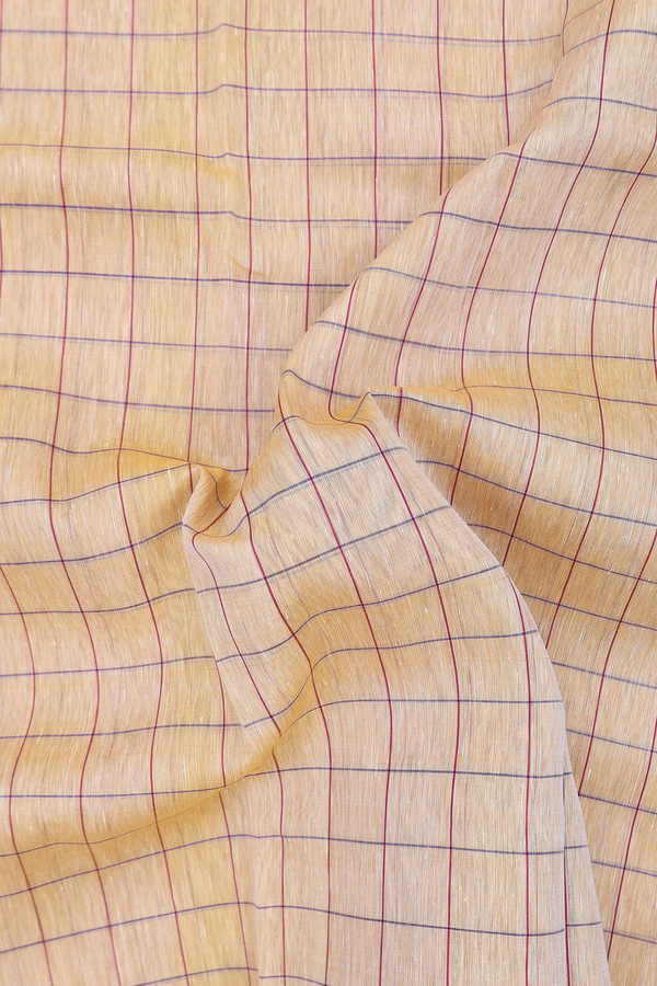 Linen Kanchipuram Silk Saree In Tan Brown With Checks Design