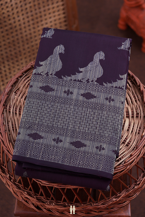 Kanchipuram Silk Saree In Deep Purple With Peacock Buttas