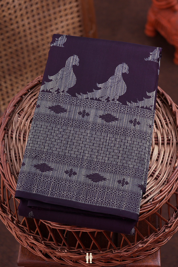 Kanchipuram Silk Saree In Deep Purple With Peacock Buttas