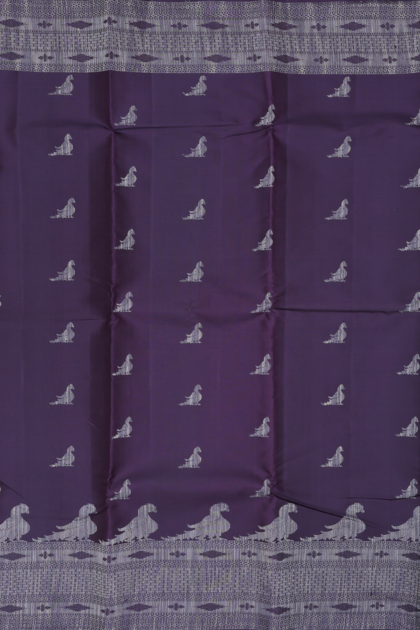 Kanchipuram Silk Saree In Deep Purple With Peacock Buttas