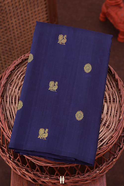 Kanchipuram Silk Saree In Navy Blue With Peacock Buttas