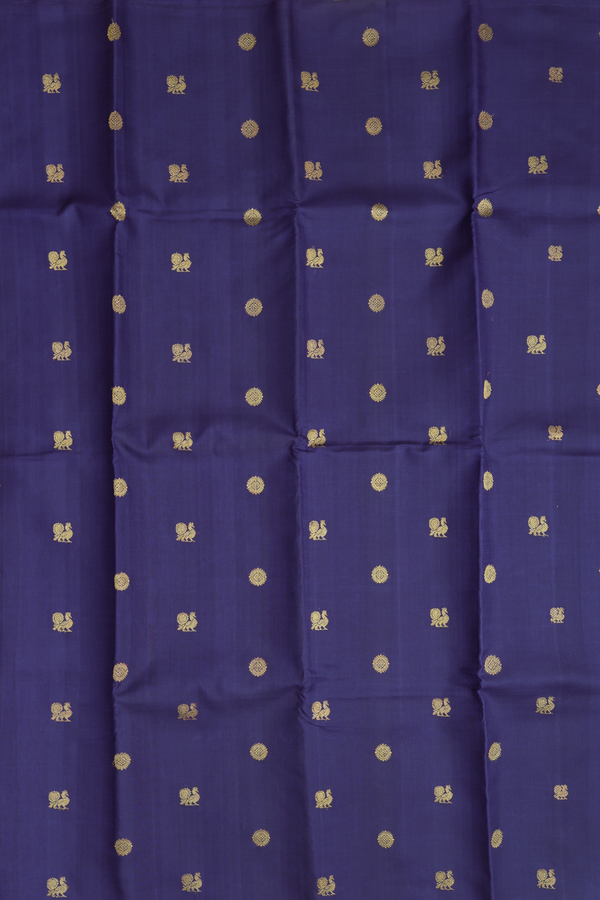 Kanchipuram Silk Saree In Navy Blue With Peacock Buttas