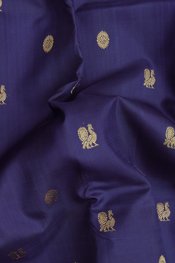 Kanchipuram Silk Saree In Navy Blue With Peacock Buttas