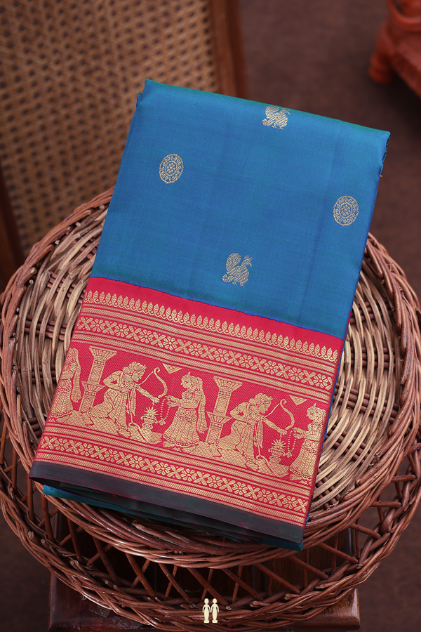 Kanchipuram Silk Saree Capri Blue With Peacock Chakram Buttas
