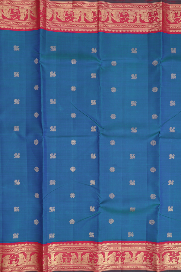 Kanchipuram Silk Saree Capri Blue With Peacock Chakram Buttas