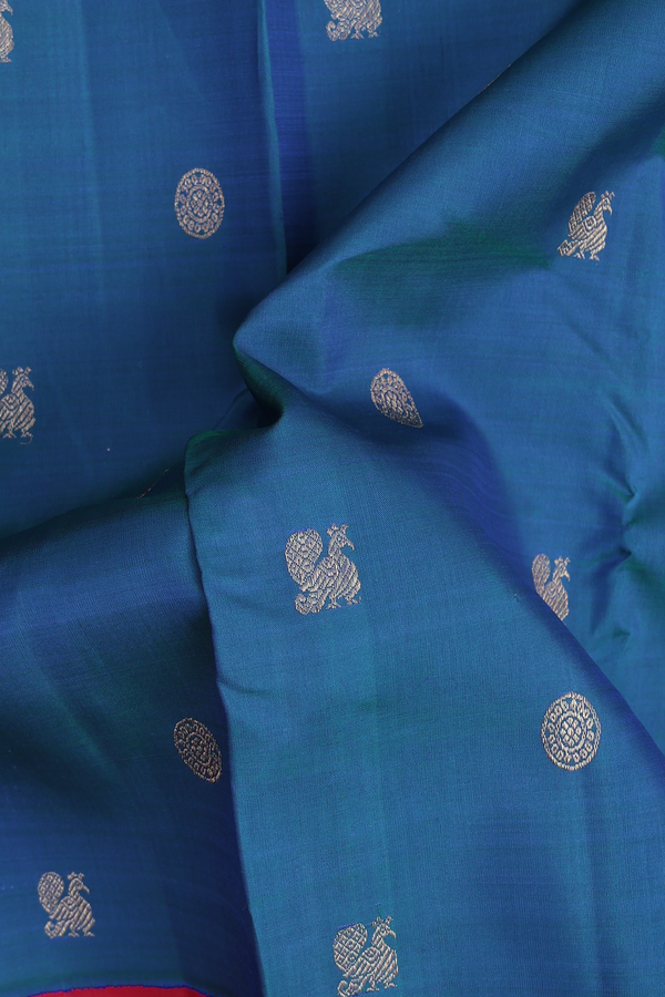 Kanchipuram Silk Saree Capri Blue With Peacock Chakram Buttas