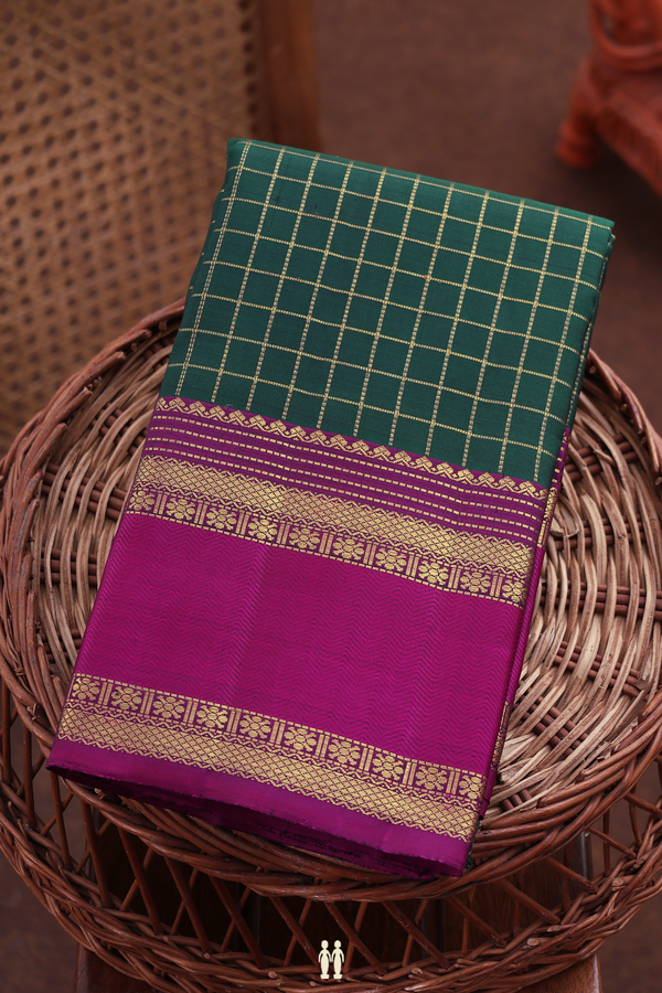 Kanchipuram Silk Saree In Forest Green With Checks Design
