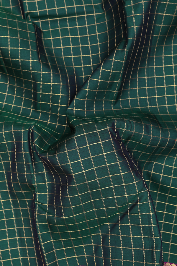 Kanchipuram Silk Saree In Forest Green With Checks Design