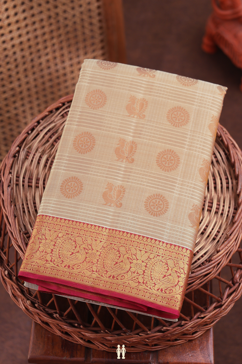Kanchipuram Silk Saree In Brown Along Checks With Buttas