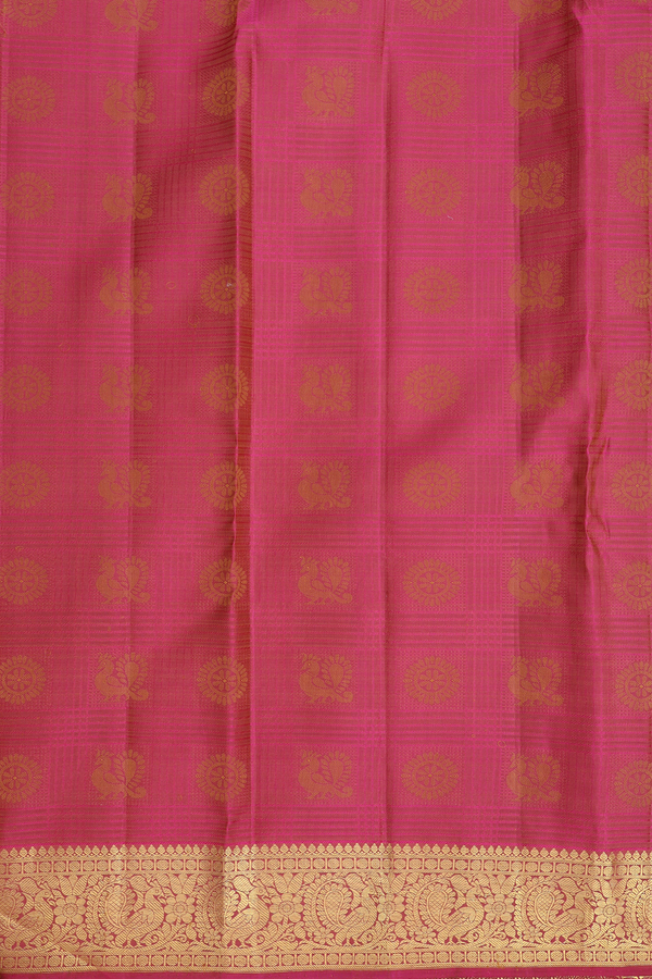 Kanchipuram Silk Saree In Brown Along Checks With Buttas