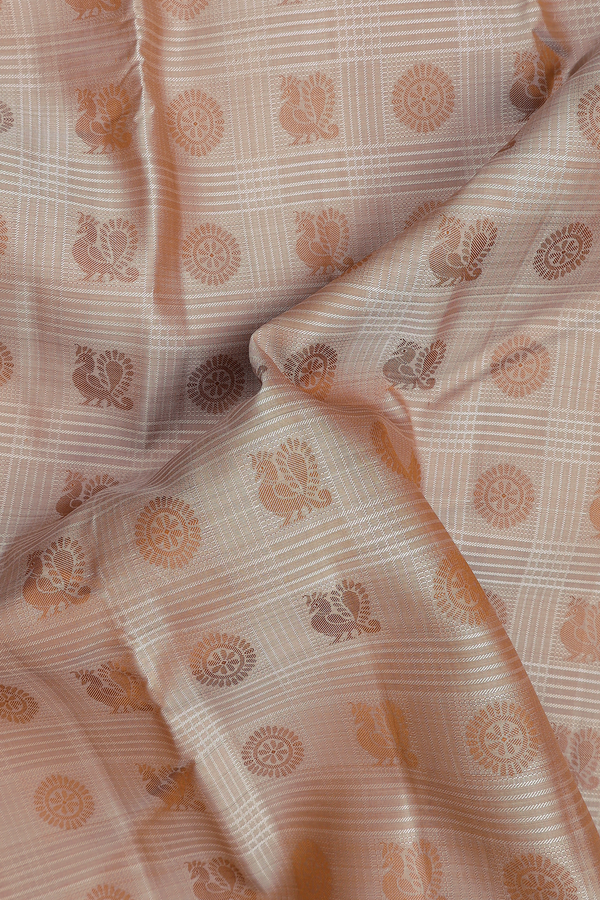 Kanchipuram Silk Saree In Brown Along Checks With Buttas