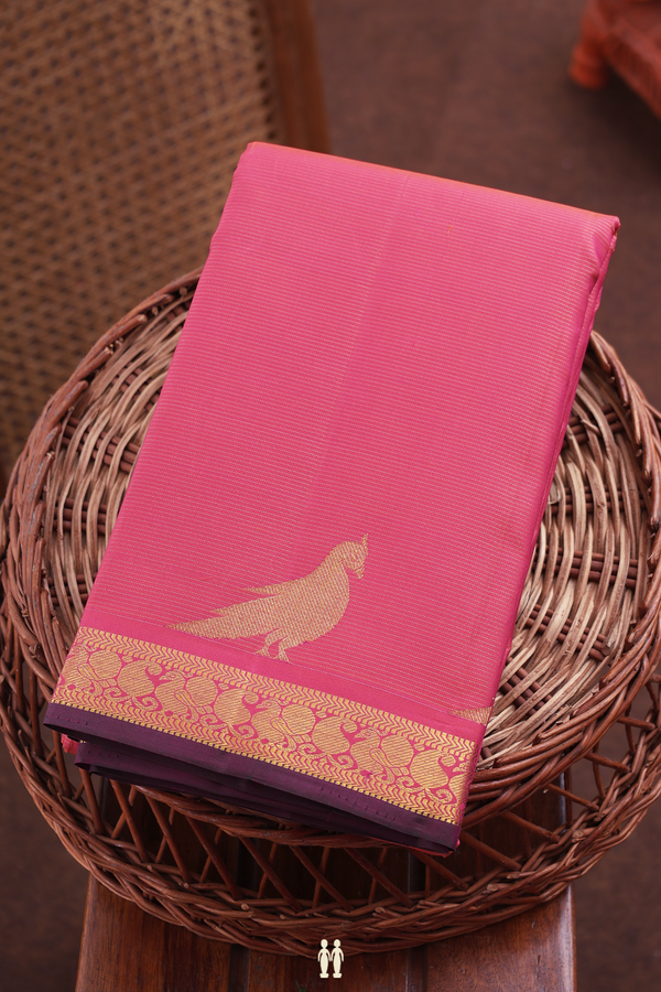 Kanchipuram Silk Saree In Coral Pink With Stripes Design