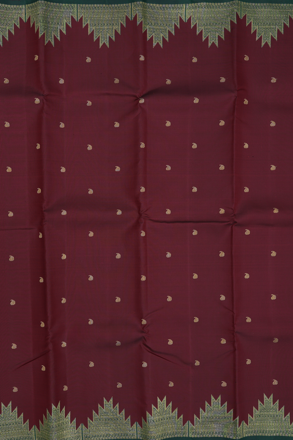 Kanchipuram Silk Saree In Burgundy Red With Paisley Buttis