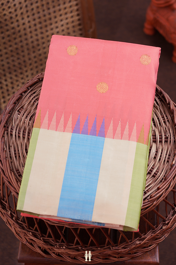 Kanchipuram Silk Saree In Peach With Chakram Buttas