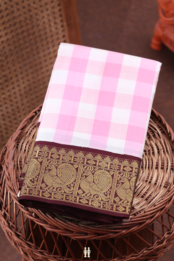 Kanchipuram Silk Saree In White And Pink With Checks Design