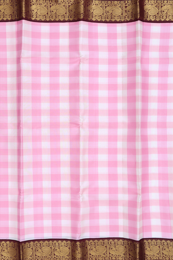 Kanchipuram Silk Saree In White And Pink With Checks Design