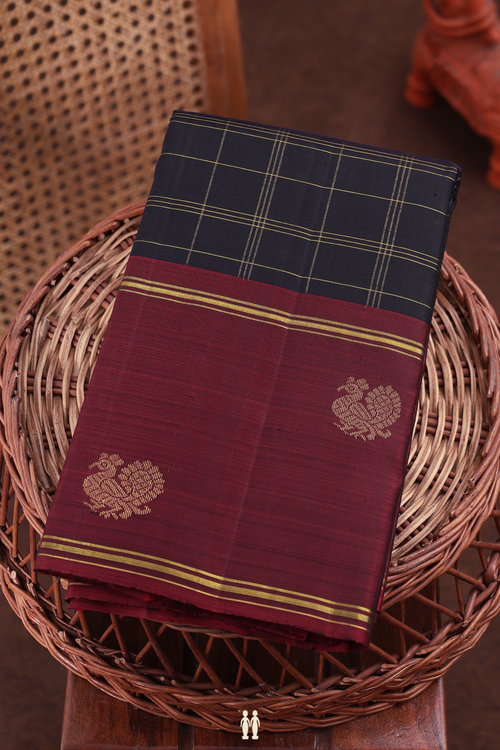 Kanchipuram Silk Saree In Black With Checks Design