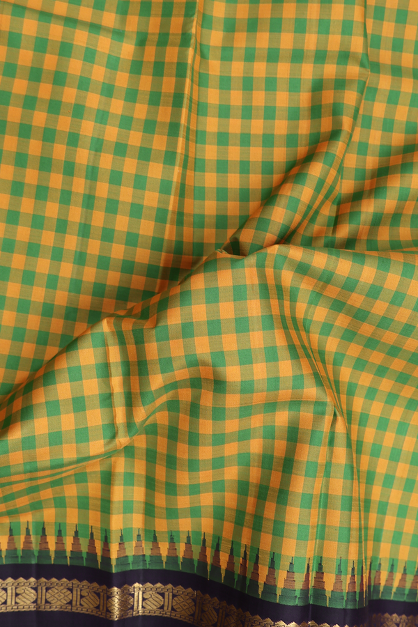 Kanchipuram Silk Saree In Green And Yellow With Checks Design