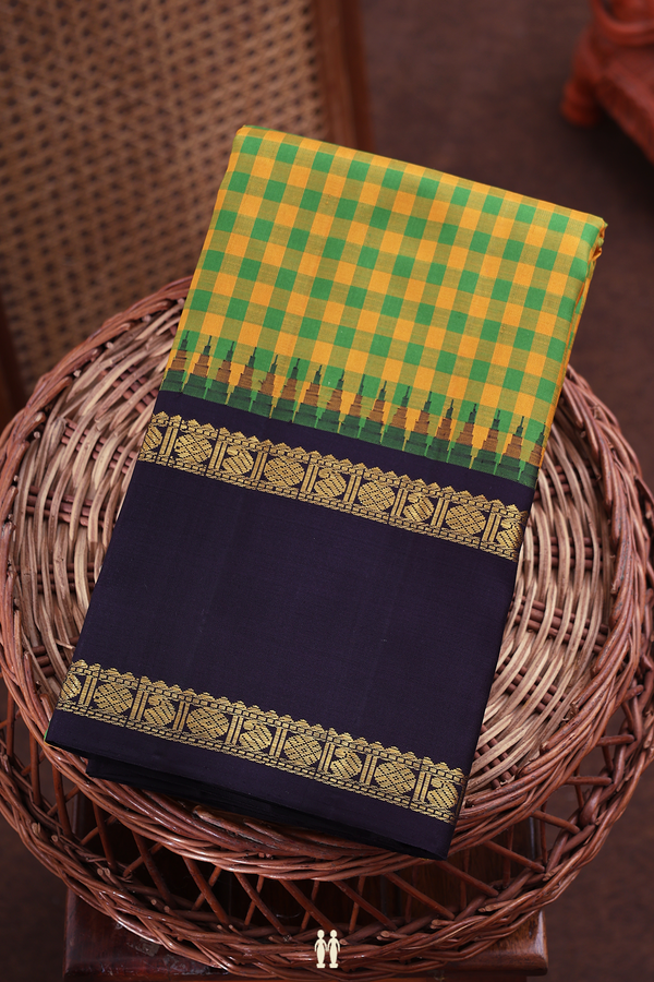 Kanchipuram Silk Saree In Green And Yellow With Checks Design