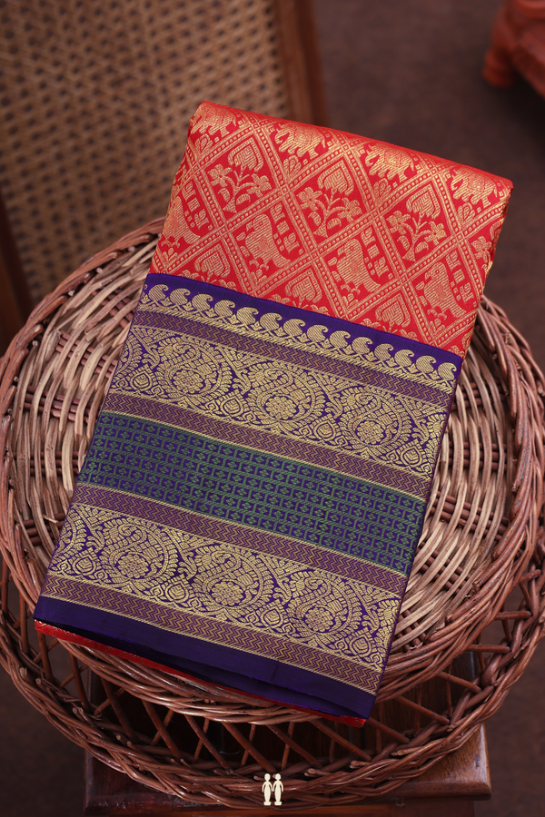Kanchipuram Silk Saree In Scarlet Red With Brocade Design