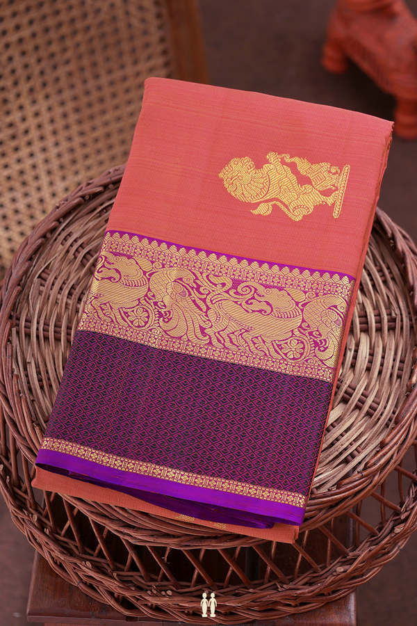Kanchipuram Silk Saree In Dusty Red With Yali Motifs