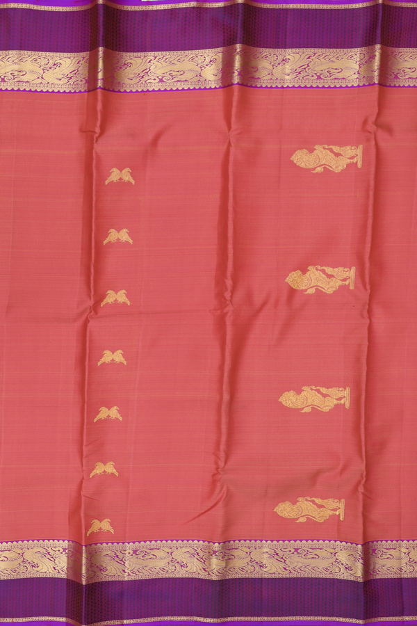 Kanchipuram Silk Saree In Dusty Red With Yali Motifs