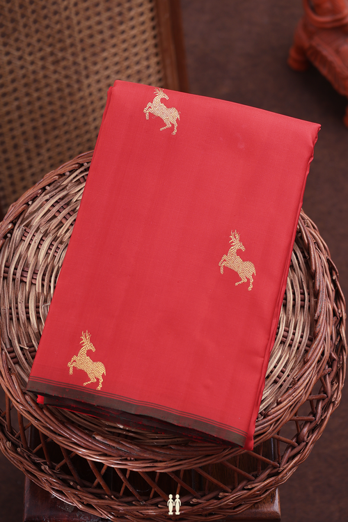 Kanchipuram Silk Saree In Scarlet Red With Deer Buttas